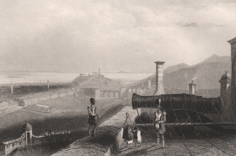 Edinburgh from the castle ramparts. The Mons Meg gun. Scotland. BARTLETT c1840